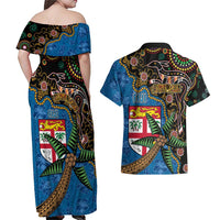 Fijian and Australian Culture Together Couples Matching Off Shoulder Maxi Dress and Hawaiian Shirt Aboriginal Art and Tapa Motifs with Kangaroo and Palm Tree - Polynesian Pride