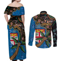 Fijian and Australian Culture Together Couples Matching Off Shoulder Maxi Dress and Long Sleeve Button Shirt Aboriginal Art and Tapa Motifs with Kangaroo and Palm Tree - Polynesian Pride