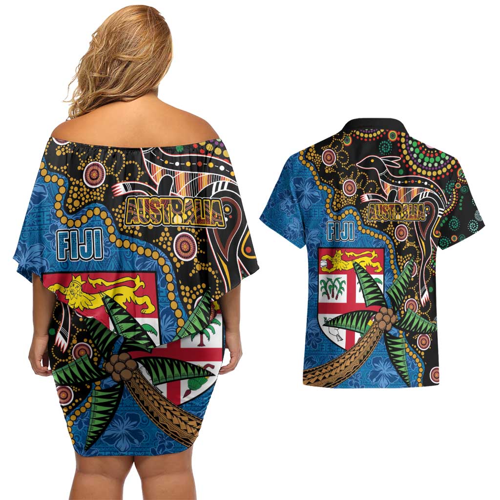 Fijian and Australian Culture Together Couples Matching Off Shoulder Short Dress and Hawaiian Shirt Aboriginal Art and Tapa Motifs with Kangaroo and Palm Tree - Polynesian Pride
