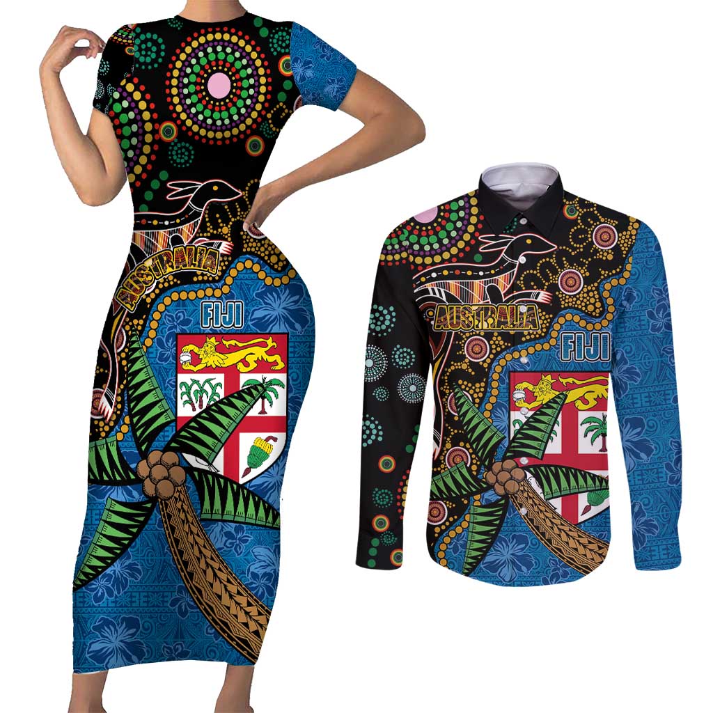 Fijian and Australian Culture Together Couples Matching Short Sleeve Bodycon Dress and Long Sleeve Button Shirt Aboriginal Art and Tapa Motifs with Kangaroo and Palm Tree - Polynesian Pride