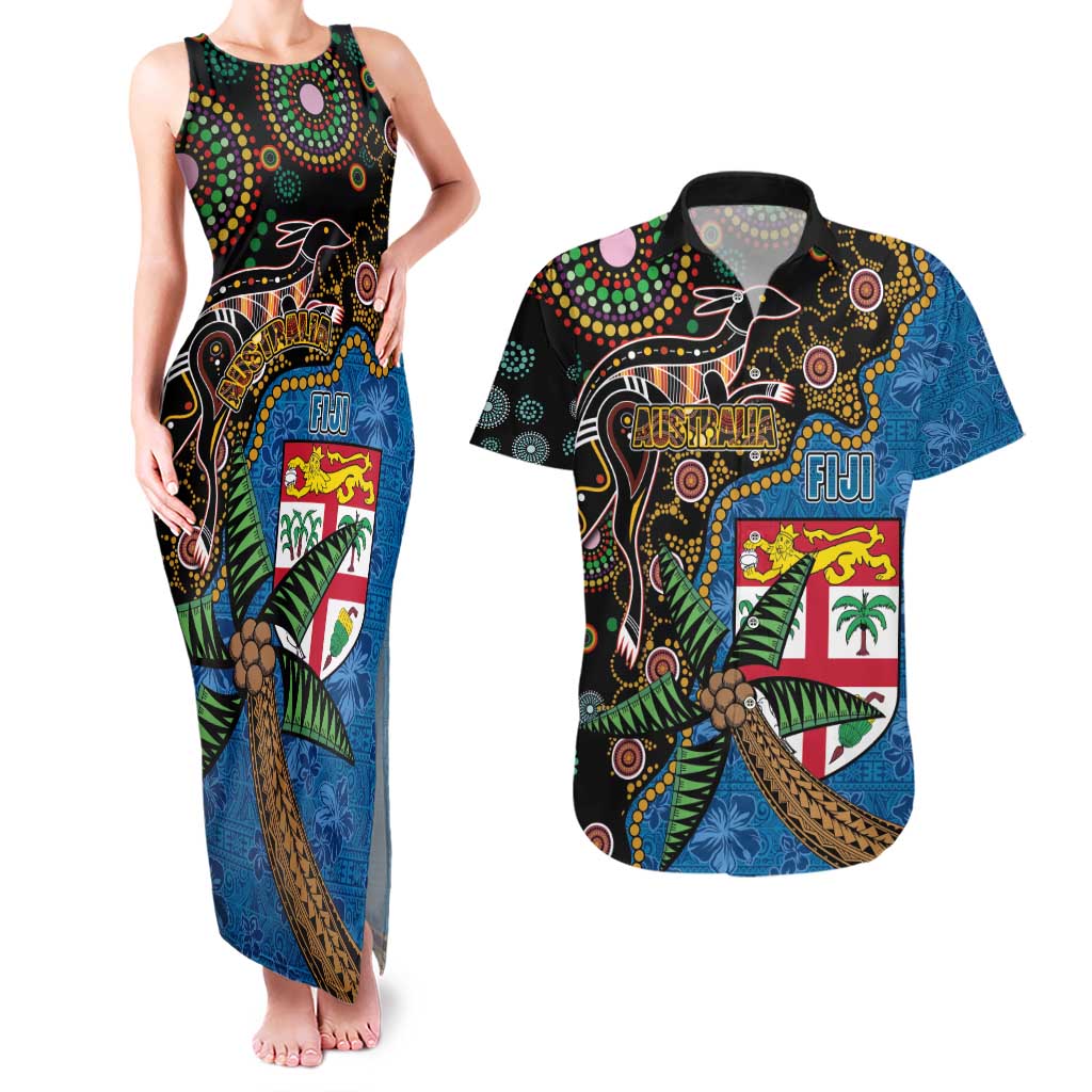 Fijian and Australian Culture Together Couples Matching Tank Maxi Dress and Hawaiian Shirt Aboriginal Art and Tapa Motifs with Kangaroo and Palm Tree - Polynesian Pride
