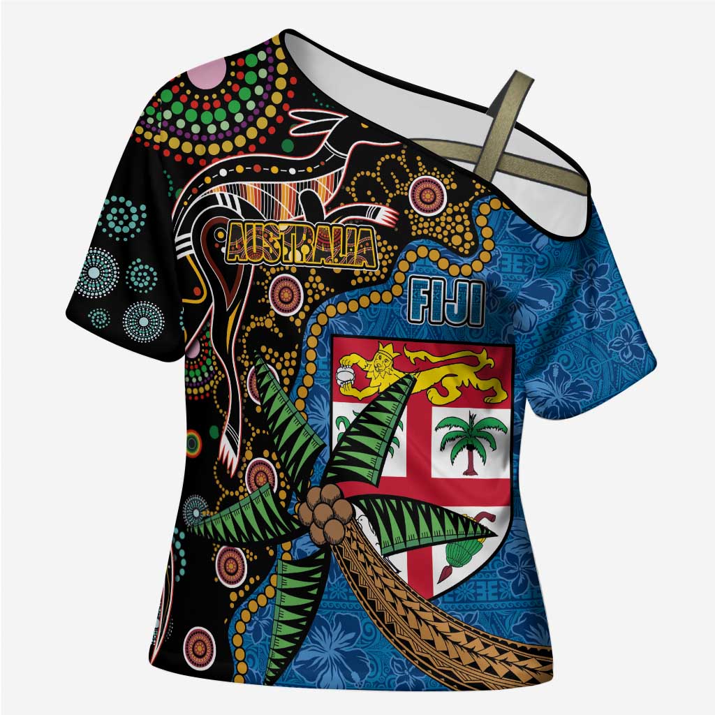 Fijian and Australian Culture Together Cross Shoulder Shirt Aboriginal Art and Tapa Motifs with Kangaroo and Palm Tree LT03 Female Black - Polynesian Pride