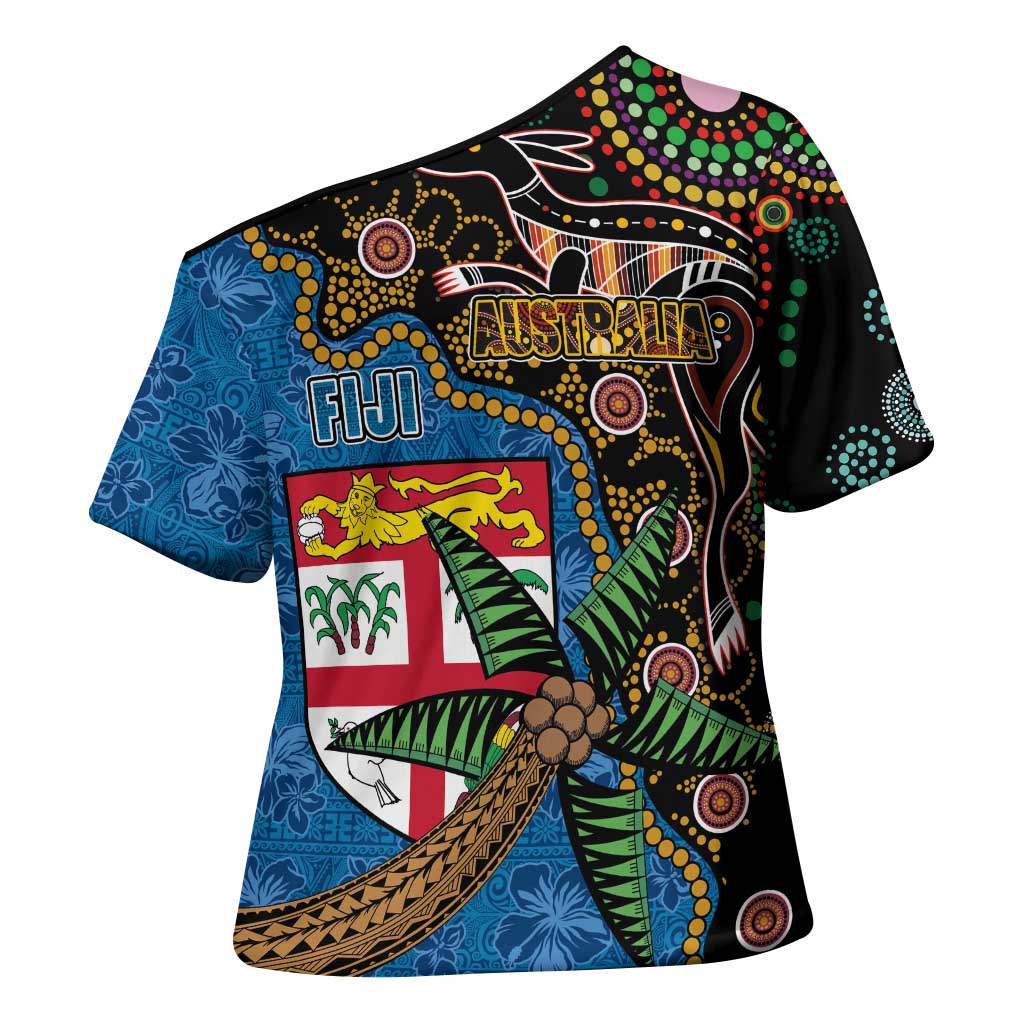 Fijian and Australian Culture Together Cross Shoulder Shirt Aboriginal Art and Tapa Motifs with Kangaroo and Palm Tree LT03 - Polynesian Pride