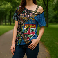 Fijian and Australian Culture Together Cross Shoulder Shirt Aboriginal Art and Tapa Motifs with Kangaroo and Palm Tree LT03 - Polynesian Pride
