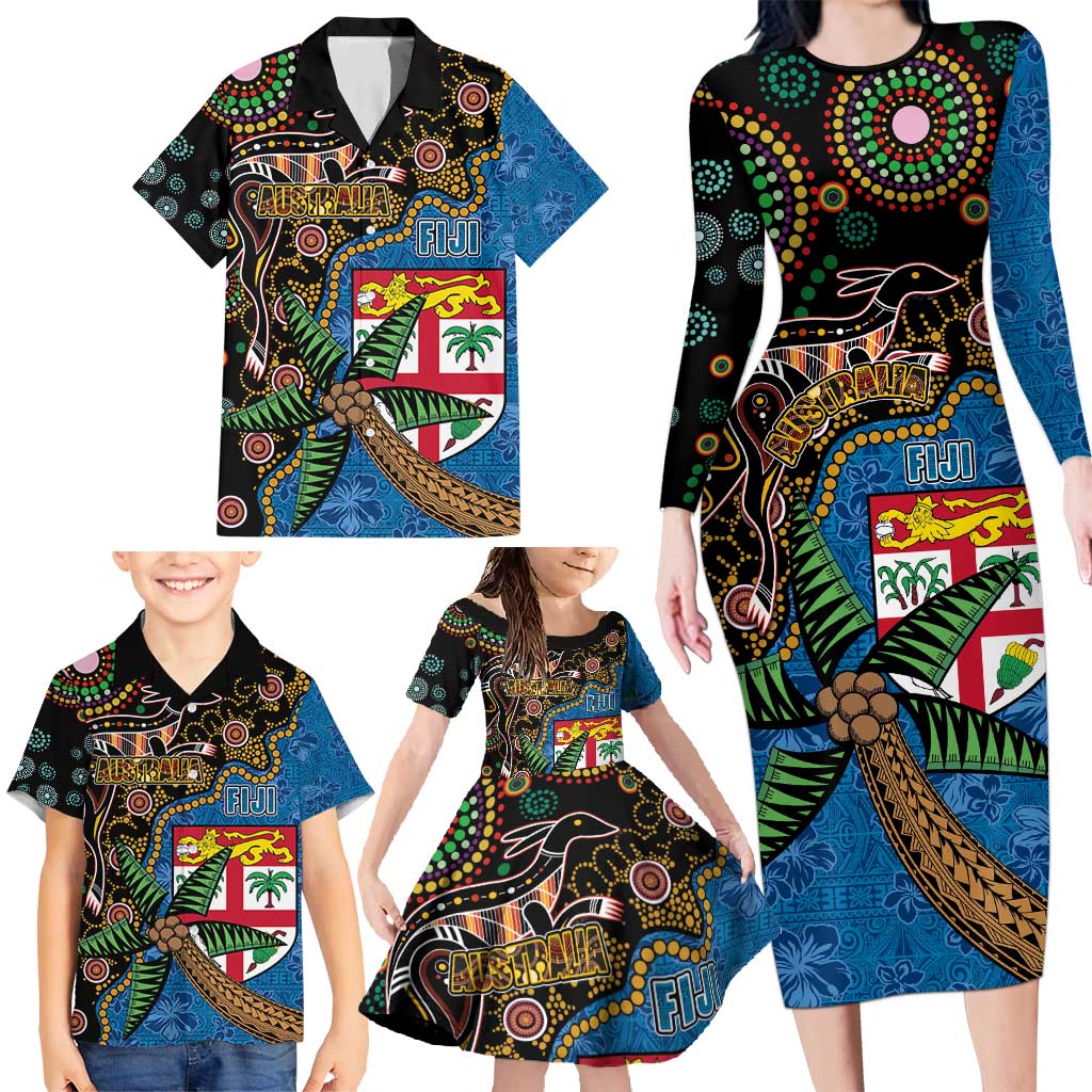 Fijian and Australian Culture Together Family Matching Long Sleeve Bodycon Dress and Hawaiian Shirt Aboriginal Art and Tapa Motifs with Kangaroo and Palm Tree - Polynesian Pride