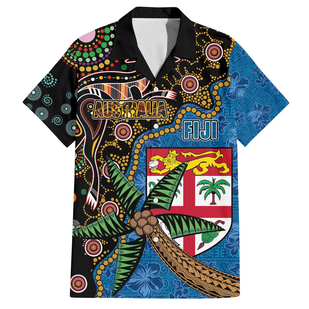 Fijian and Australian Culture Together Family Matching Off The Shoulder Long Sleeve Dress and Hawaiian Shirt Aboriginal Art and Tapa Motifs with Kangaroo and Palm Tree - Polynesian Pride