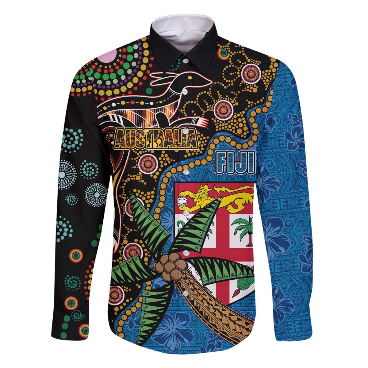 Fijian and Australian Culture Together Family Matching Off The Shoulder Long Sleeve Dress and Hawaiian Shirt Aboriginal Art and Tapa Motifs with Kangaroo and Palm Tree - Polynesian Pride