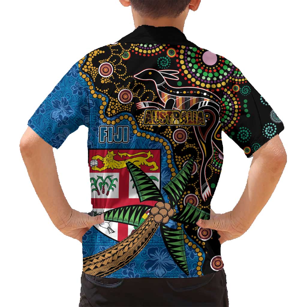 Fijian and Australian Culture Together Family Matching Off Shoulder Maxi Dress and Hawaiian Shirt Aboriginal Art and Tapa Motifs with Kangaroo and Palm Tree - Polynesian Pride