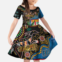 Fijian and Australian Culture Together Family Matching Off Shoulder Maxi Dress and Hawaiian Shirt Aboriginal Art and Tapa Motifs with Kangaroo and Palm Tree - Polynesian Pride