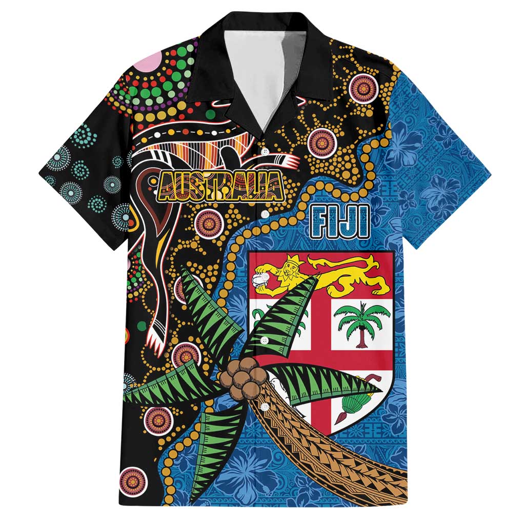 Fijian and Australian Culture Together Family Matching Short Sleeve Bodycon Dress and Hawaiian Shirt Aboriginal Art and Tapa Motifs with Kangaroo and Palm Tree - Polynesian Pride