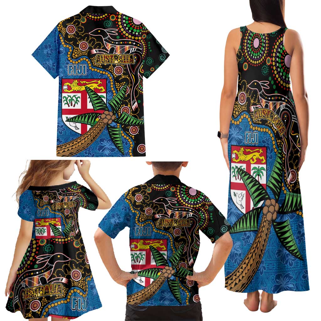 Fijian and Australian Culture Together Family Matching Tank Maxi Dress and Hawaiian Shirt Aboriginal Art and Tapa Motifs with Kangaroo and Palm Tree - Polynesian Pride