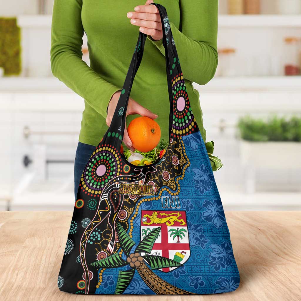 Fijian and Australian Culture Together Grocery Bag Aboriginal Art and Tapa Motifs with Kangaroo and Palm Tree - Polynesian Pride