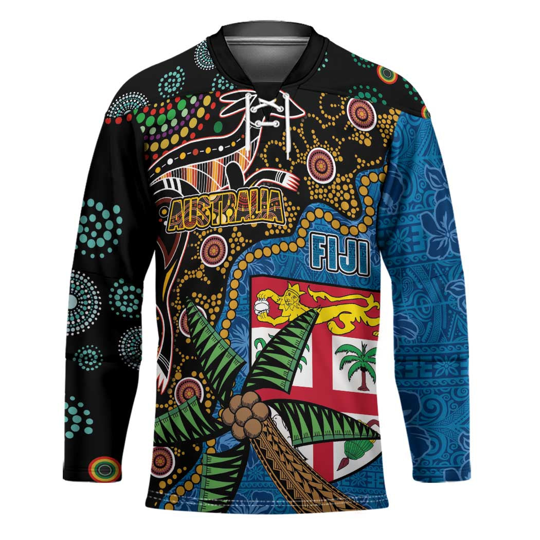 Fijian and Australian Culture Together Hockey Jersey Aboriginal Art and Tapa Motifs with Kangaroo and Palm Tree LT03 Unisex Black - Polynesian Pride