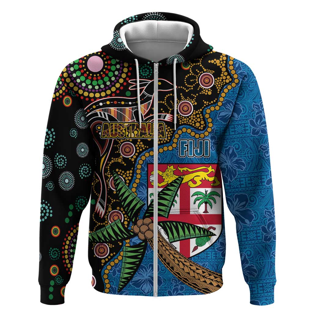 Fijian and Australian Culture Together Hoodie Aboriginal Art and Tapa Motifs with Kangaroo and Palm Tree - Polynesian Pride
