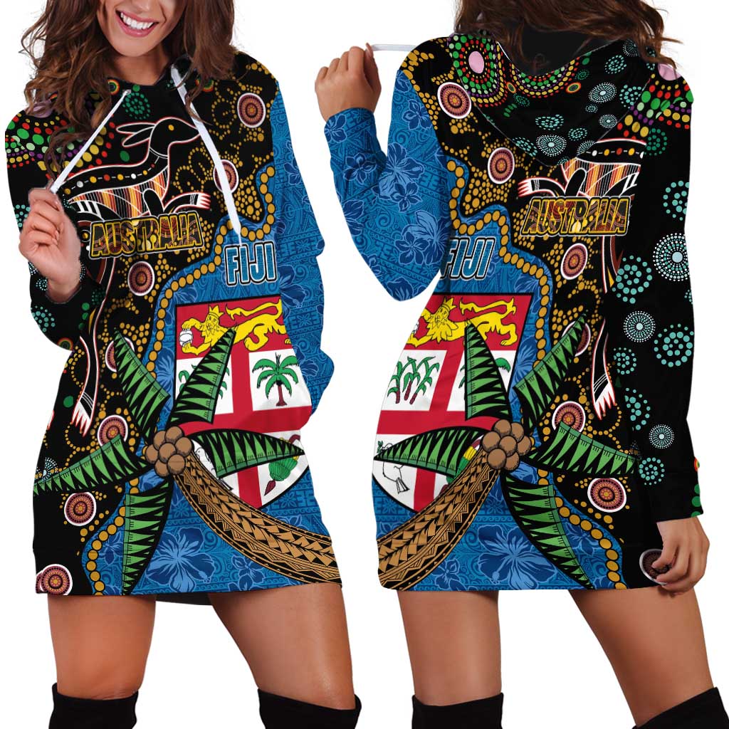 Fijian and Australian Culture Together Hoodie Dress Aboriginal Art and Tapa Motifs with Kangaroo and Palm Tree - Polynesian Pride