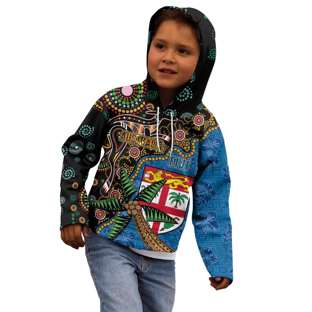Fijian and Australian Culture Together Kid Hoodie Aboriginal Art and Tapa Motifs with Kangaroo and Palm Tree - Polynesian Pride