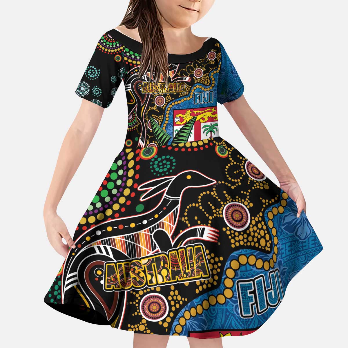 Fijian and Australian Culture Together Kid Short Sleeve Dress Aboriginal Art and Tapa Motifs with Kangaroo and Palm Tree LT03 KID Black - Polynesian Pride