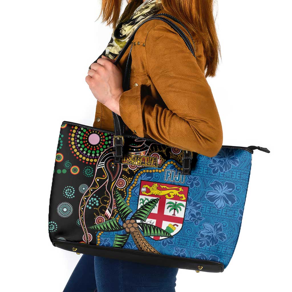 Fijian and Australian Culture Together Leather Tote Bag Aboriginal Art and Tapa Motifs with Kangaroo and Palm Tree - Polynesian Pride