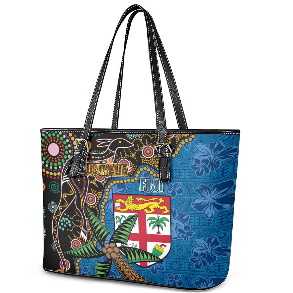 Fijian and Australian Culture Together Leather Tote Bag Aboriginal Art and Tapa Motifs with Kangaroo and Palm Tree - Polynesian Pride