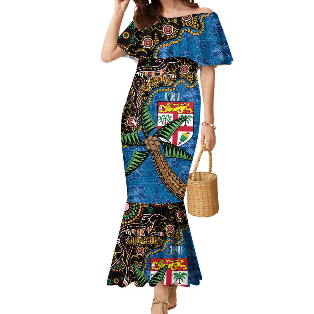 Fijian and Australian Culture Together Mermaid Dress Aboriginal Art and Tapa Motifs with Kangaroo and Palm Tree - Polynesian Pride