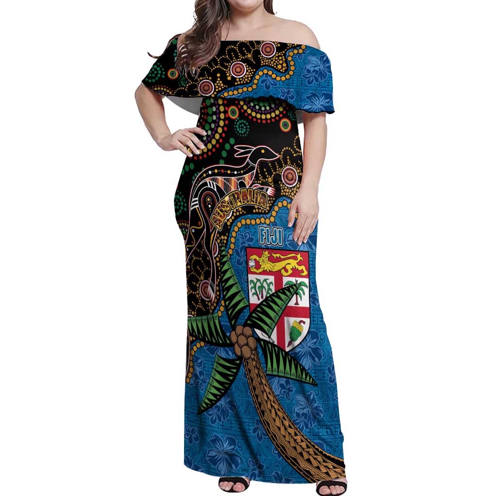 Fijian and Australian Culture Together Off Shoulder Maxi Dress Aboriginal Art and Tapa Motifs with Kangaroo and Palm Tree LT03 Women Black - Polynesian Pride