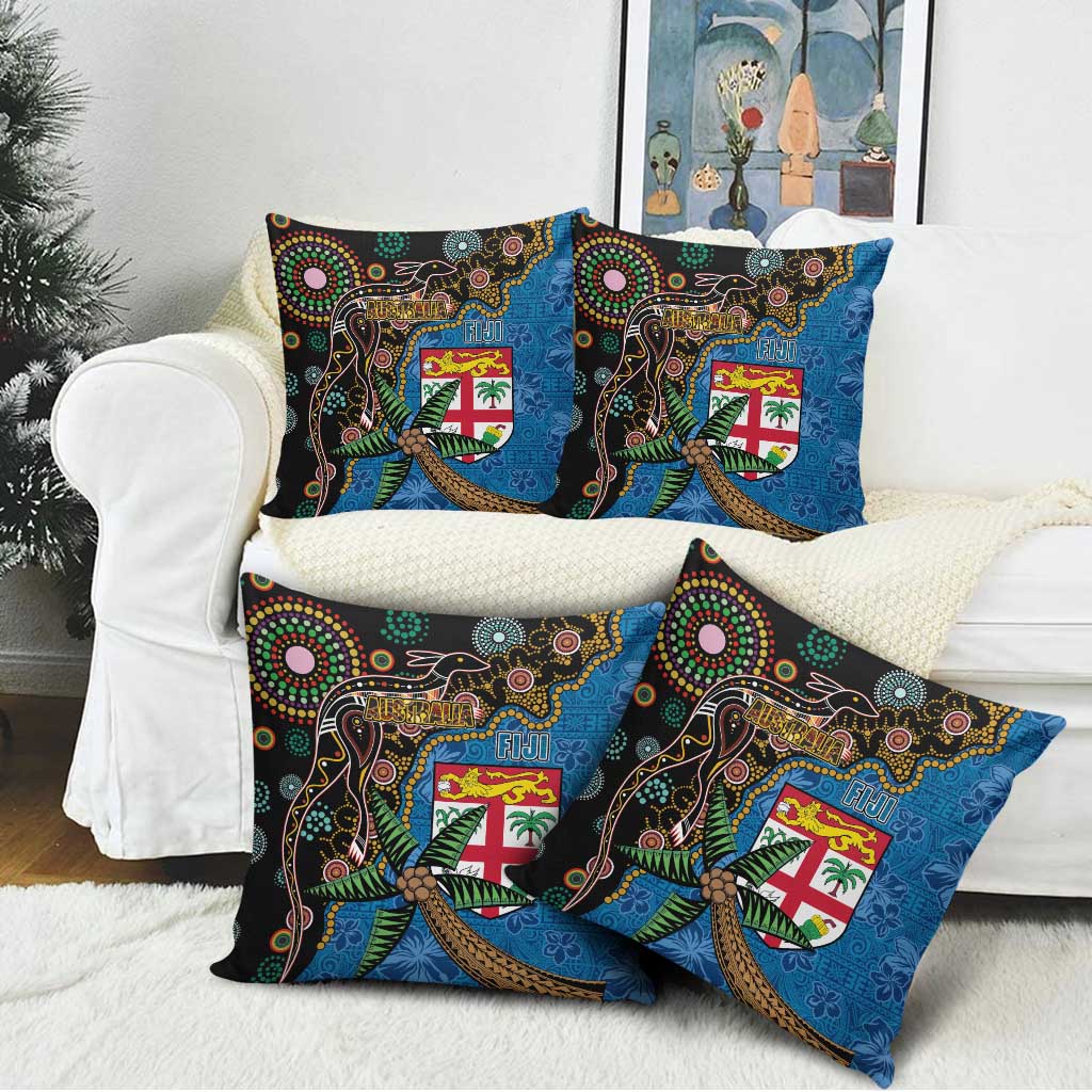 Fijian and Australian Culture Together Pillow Cover Aboriginal Art and Tapa Motifs with Kangaroo and Palm Tree - Polynesian Pride