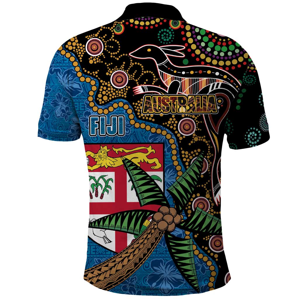 Fijian and Australian Culture Together Polo Shirt Aboriginal Art and Tapa Motifs with Kangaroo and Palm Tree - Polynesian Pride