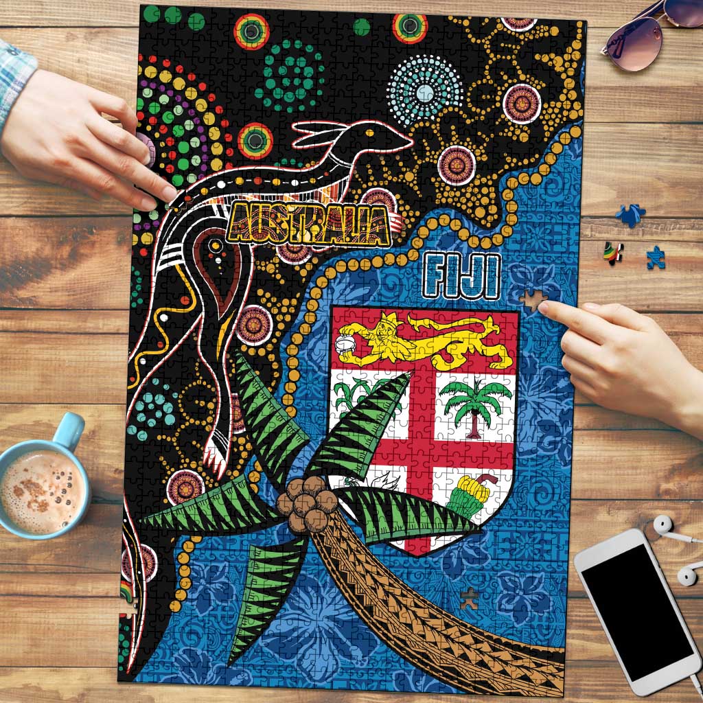 Fijian and Australian Culture Together Puzzle Aboriginal Art and Tapa Motifs with Kangaroo and Palm Tree - Polynesian Pride