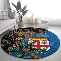 Fijian and Australian Culture Together Round Carpet Aboriginal Art and Tapa Motifs with Kangaroo and Palm Tree - Polynesian Pride