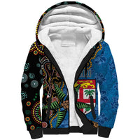 Fijian and Australian Culture Together Sherpa Hoodie Aboriginal Art and Tapa Motifs with Kangaroo and Palm Tree - Polynesian Pride