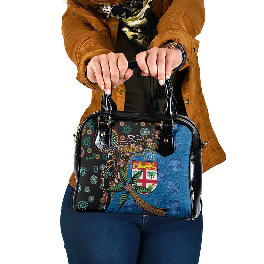 Fijian and Australian Culture Together Shoulder Handbag Aboriginal Art and Tapa Motifs with Kangaroo and Palm Tree - Polynesian Pride