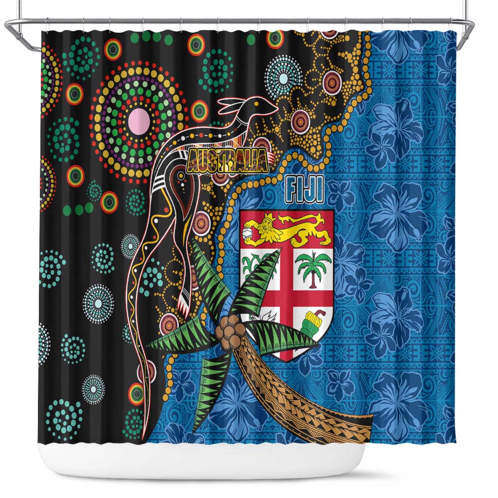Fijian and Australian Culture Together Shower Curtain Aboriginal Art and Tapa Motifs with Kangaroo and Palm Tree - Polynesian Pride