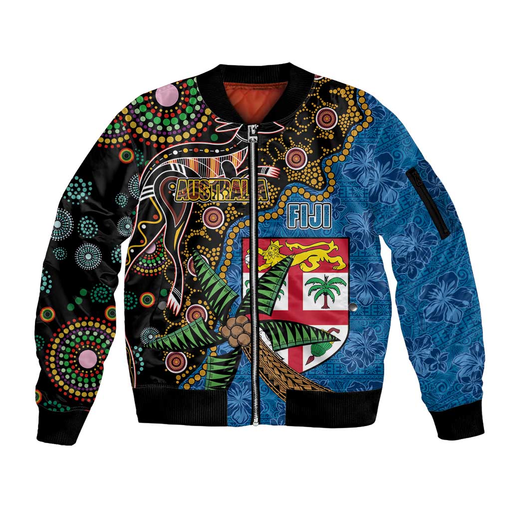 Fijian and Australian Culture Together Sleeve Zip Bomber Jacket Aboriginal Art and Tapa Motifs with Kangaroo and Palm Tree - Polynesian Pride