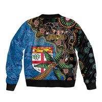 Fijian and Australian Culture Together Sleeve Zip Bomber Jacket Aboriginal Art and Tapa Motifs with Kangaroo and Palm Tree - Polynesian Pride