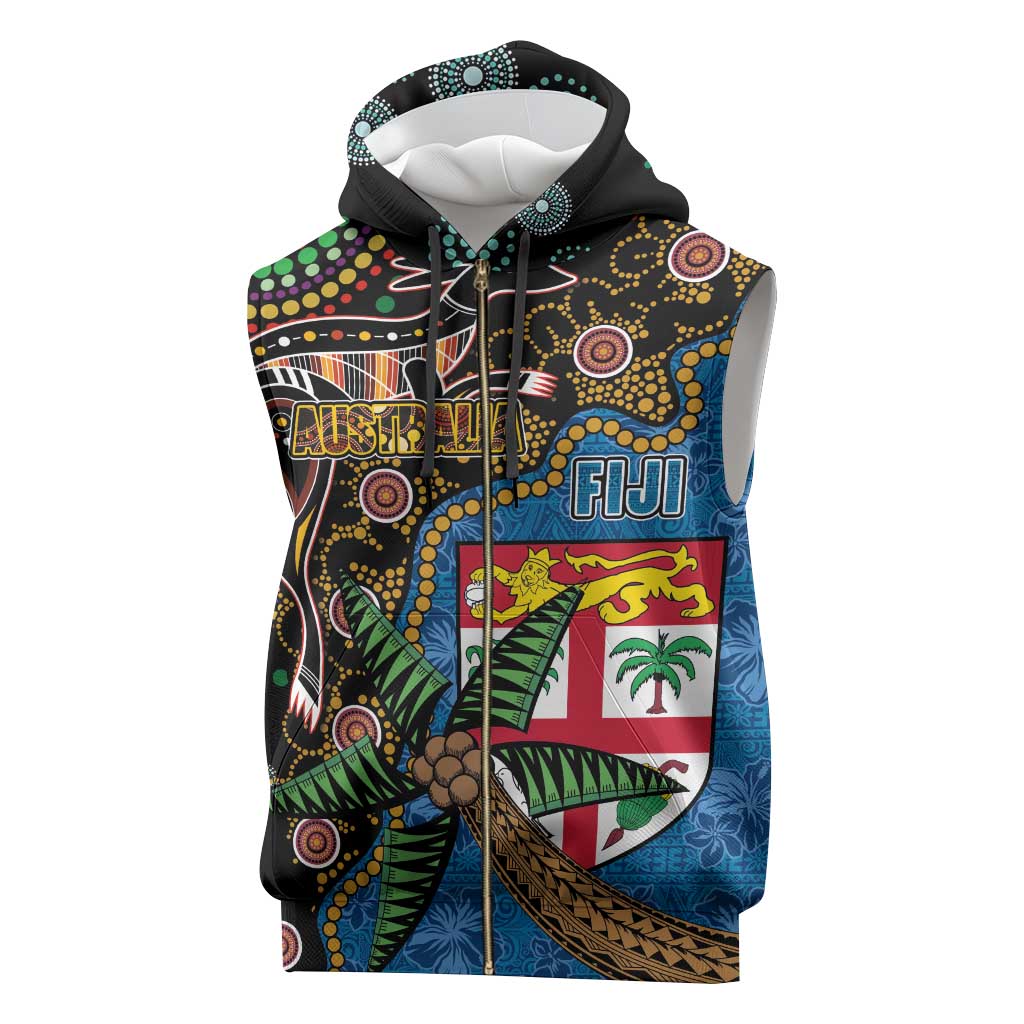 Fijian and Australian Culture Together Sleeveless Zip Hoodie Aboriginal Art and Tapa Motifs with Kangaroo and Palm Tree - Polynesian Pride