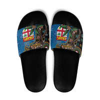 Fijian and Australian Culture Together Slide Sandals Aboriginal Art and Tapa Motifs with Kangaroo and Palm Tree - Polynesian Pride