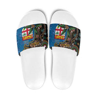 Fijian and Australian Culture Together Slide Sandals Aboriginal Art and Tapa Motifs with Kangaroo and Palm Tree - Polynesian Pride
