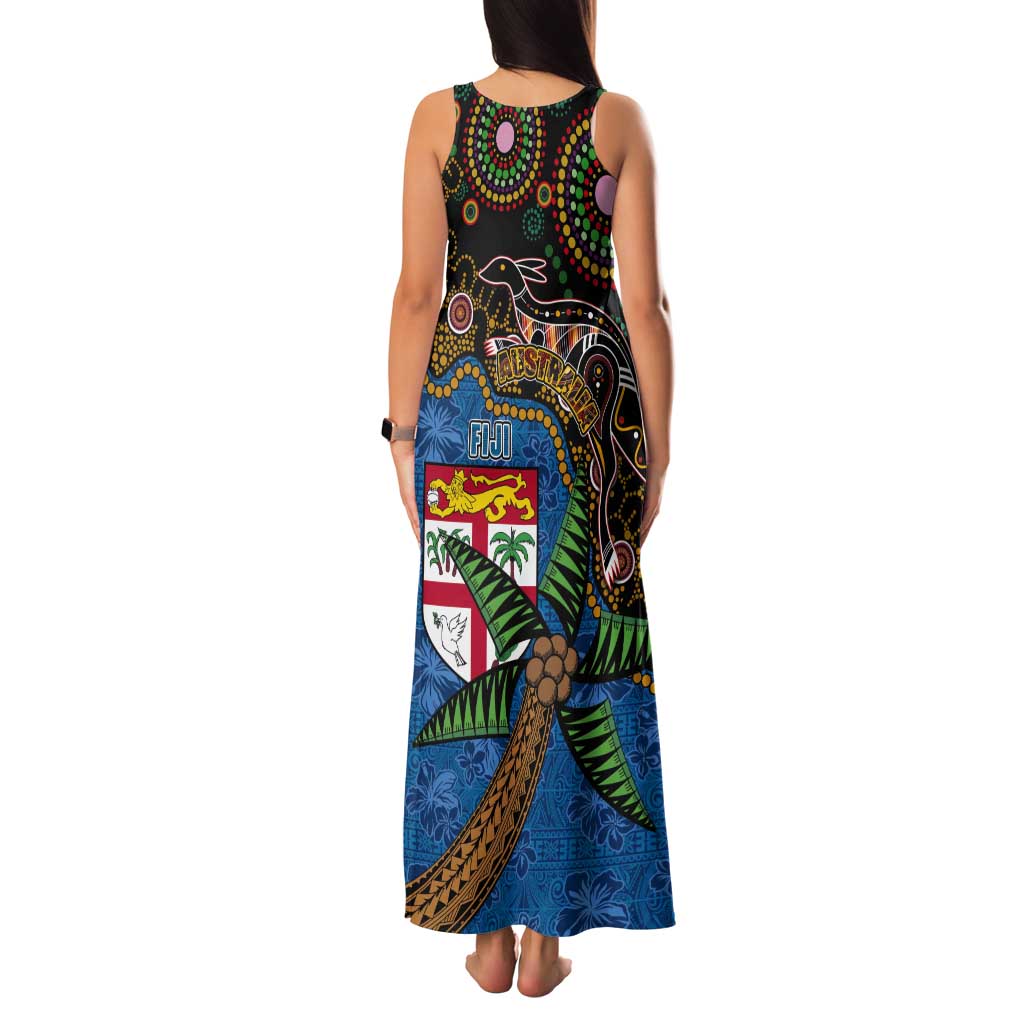 Fijian and Australian Culture Together Tank Maxi Dress Aboriginal Art and Tapa Motifs with Kangaroo and Palm Tree LT03 - Polynesian Pride