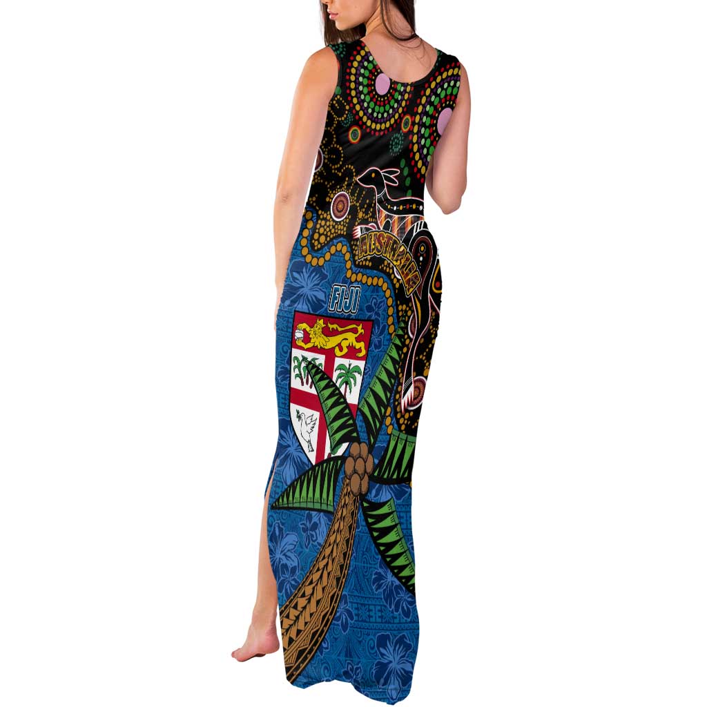 Fijian and Australian Culture Together Tank Maxi Dress Aboriginal Art and Tapa Motifs with Kangaroo and Palm Tree LT03 - Polynesian Pride