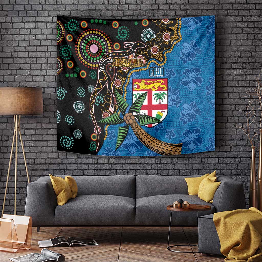 Fijian and Australian Culture Together Tapestry Aboriginal Art and Tapa Motifs with Kangaroo and Palm Tree - Polynesian Pride