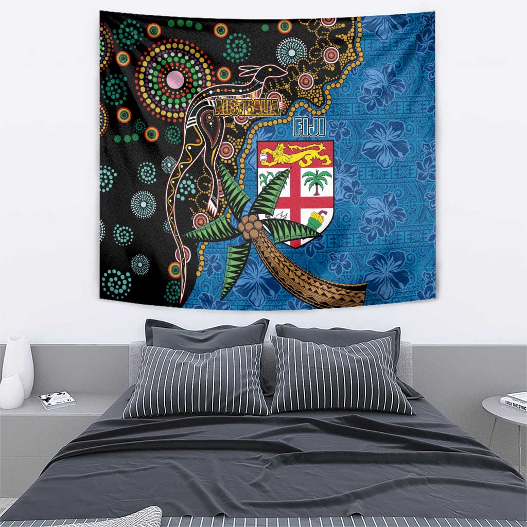 Fijian and Australian Culture Together Tapestry Aboriginal Art and Tapa Motifs with Kangaroo and Palm Tree - Polynesian Pride