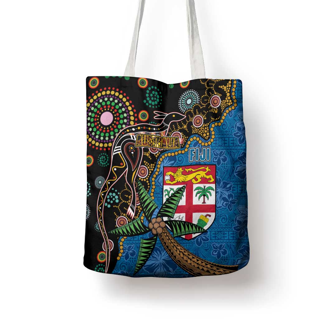 Fijian and Australian Culture Together Tote Bag Aboriginal Art and Tapa Motifs with Kangaroo and Palm Tree - Polynesian Pride