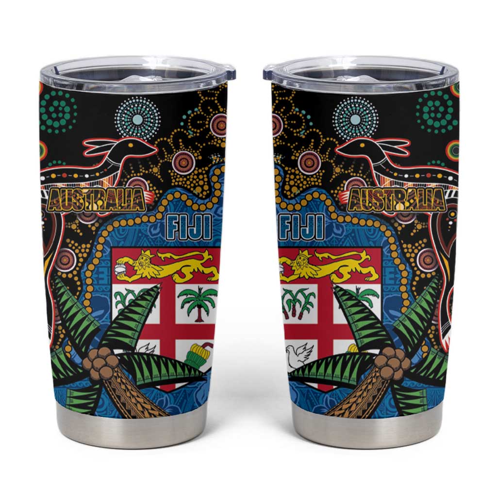 Fijian and Australian Culture Together Tumbler Cup Aboriginal Art and Tapa Motifs with Kangaroo and Palm Tree - Polynesian Pride