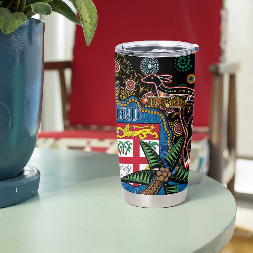 Fijian and Australian Culture Together Tumbler Cup Aboriginal Art and Tapa Motifs with Kangaroo and Palm Tree - Polynesian Pride