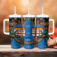 Fijian and Australian Culture Together Tumbler With Handle Aboriginal Art and Tapa Motifs with Kangaroo and Palm Tree - Polynesian Pride