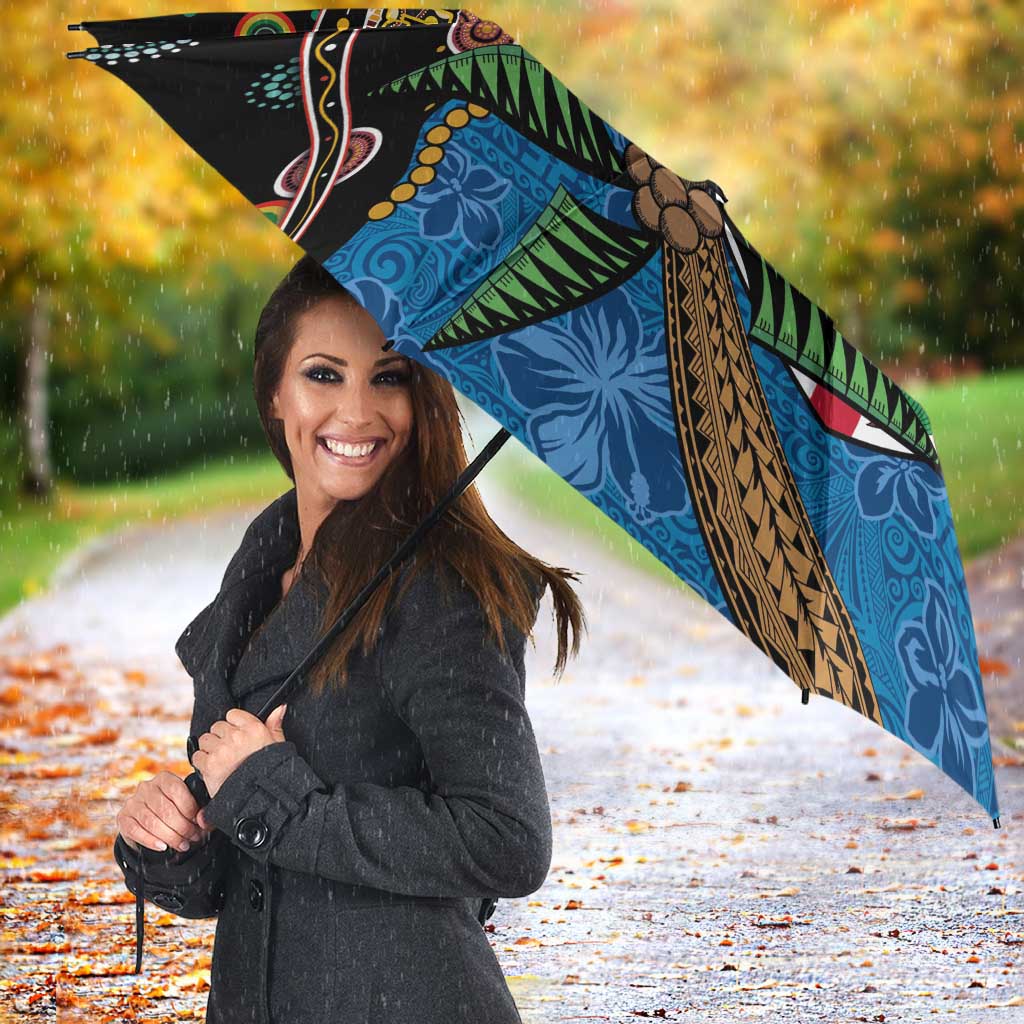 Fijian and Australian Culture Together Umbrella Aboriginal Art and Tapa Motifs with Kangaroo and Palm Tree - Polynesian Pride