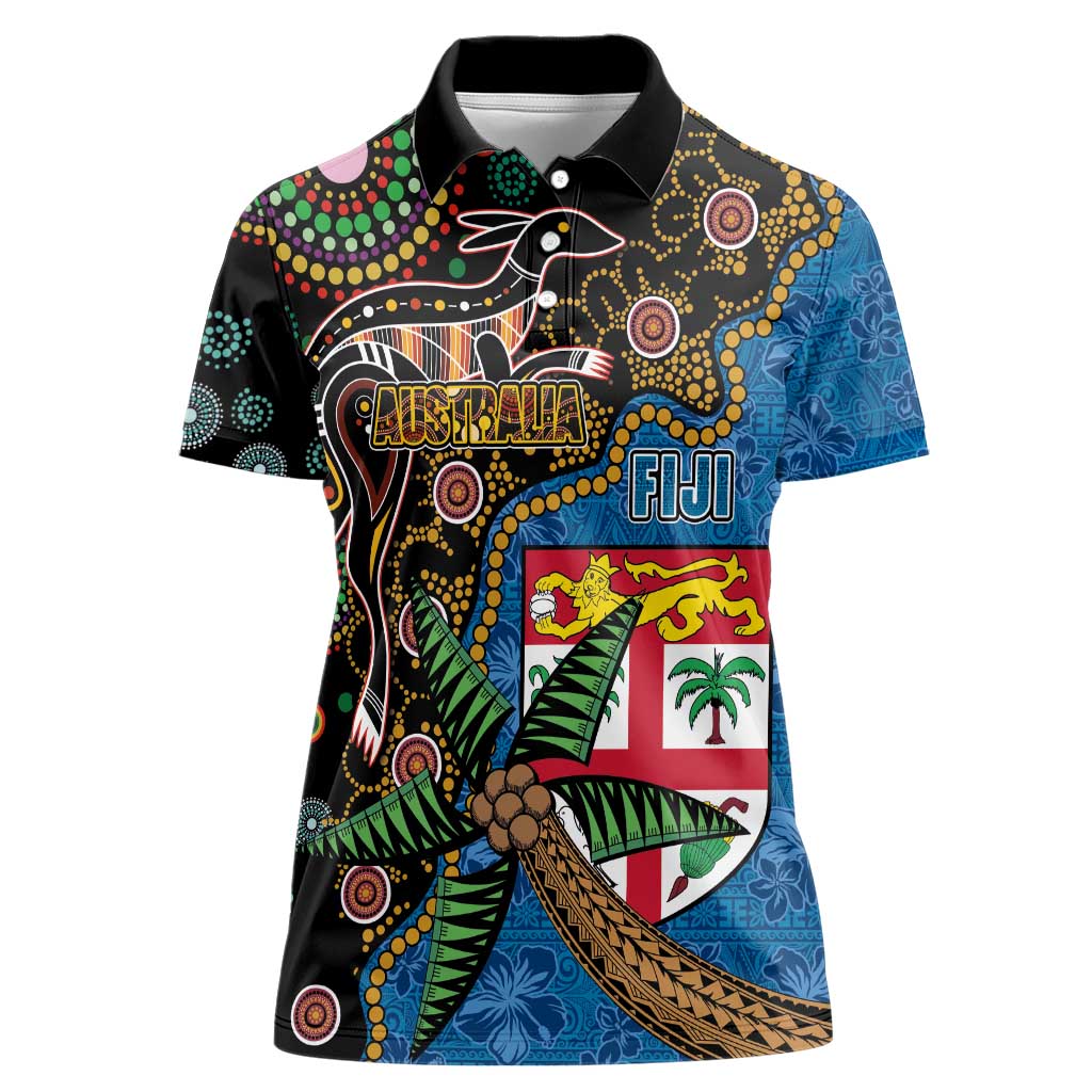 Fijian and Australian Culture Together Women Polo Shirt Aboriginal Art and Tapa Motifs with Kangaroo and Palm Tree - Polynesian Pride