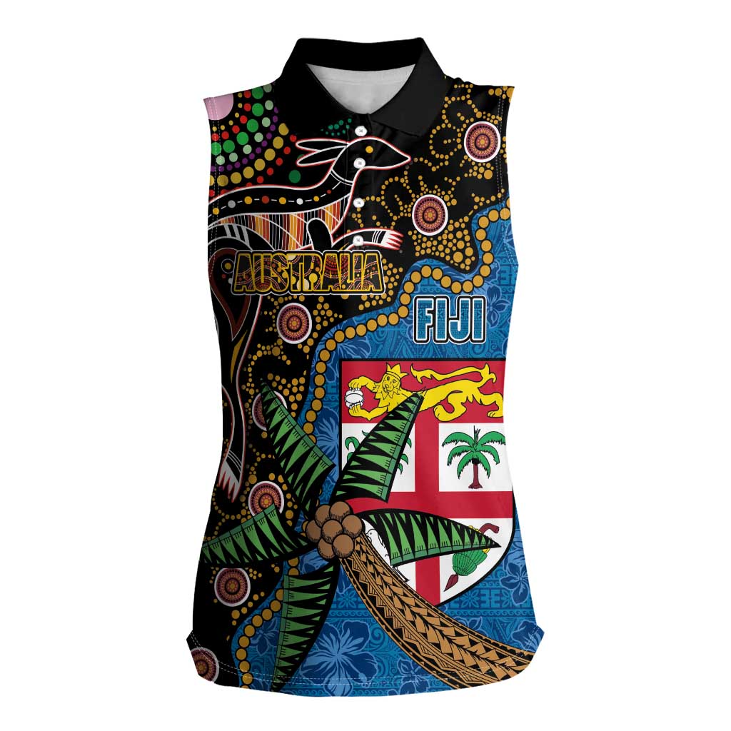 Fijian and Australian Culture Together Women Sleeveless Polo Shirt Aboriginal Art and Tapa Motifs with Kangaroo and Palm Tree - Polynesian Pride