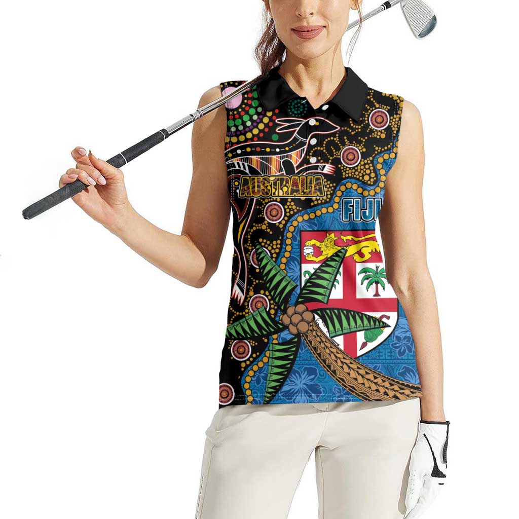 Fijian and Australian Culture Together Women Sleeveless Polo Shirt Aboriginal Art and Tapa Motifs with Kangaroo and Palm Tree - Polynesian Pride