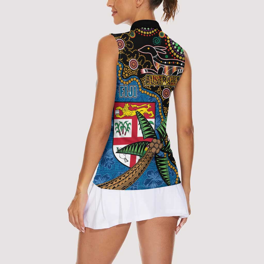 Fijian and Australian Culture Together Women Sleeveless Polo Shirt Aboriginal Art and Tapa Motifs with Kangaroo and Palm Tree - Polynesian Pride